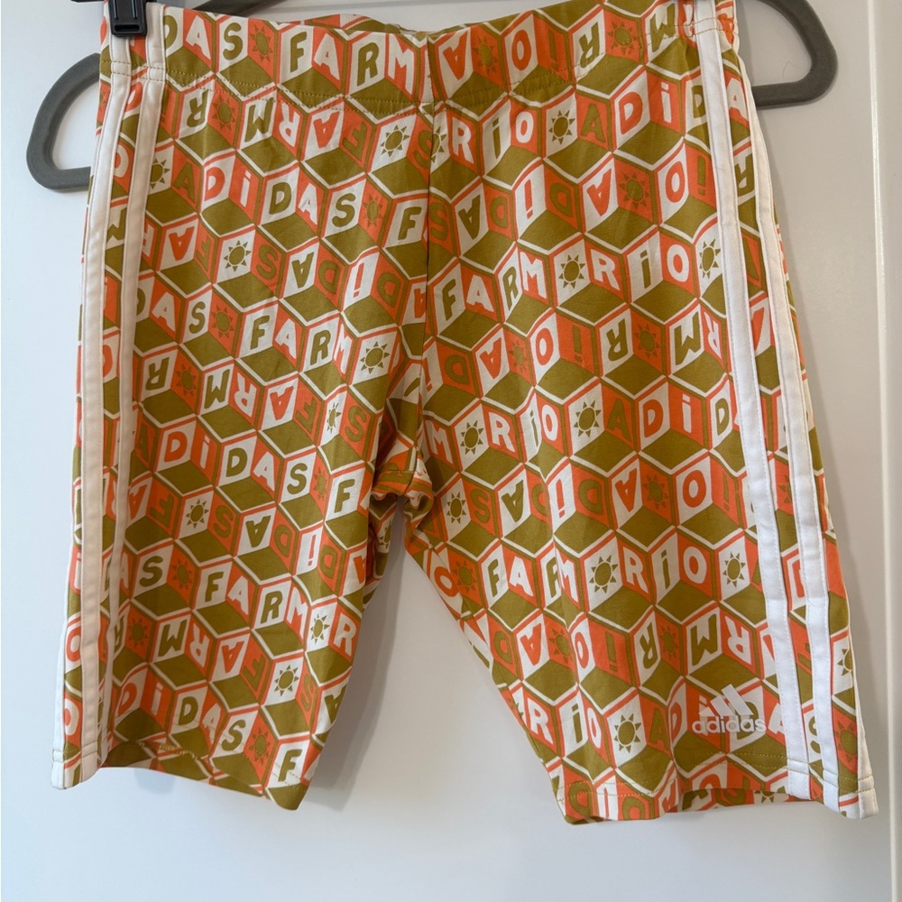 adidas x farm Rio Olive & Orange Logo Pattern Bike Shorts with White Stripes